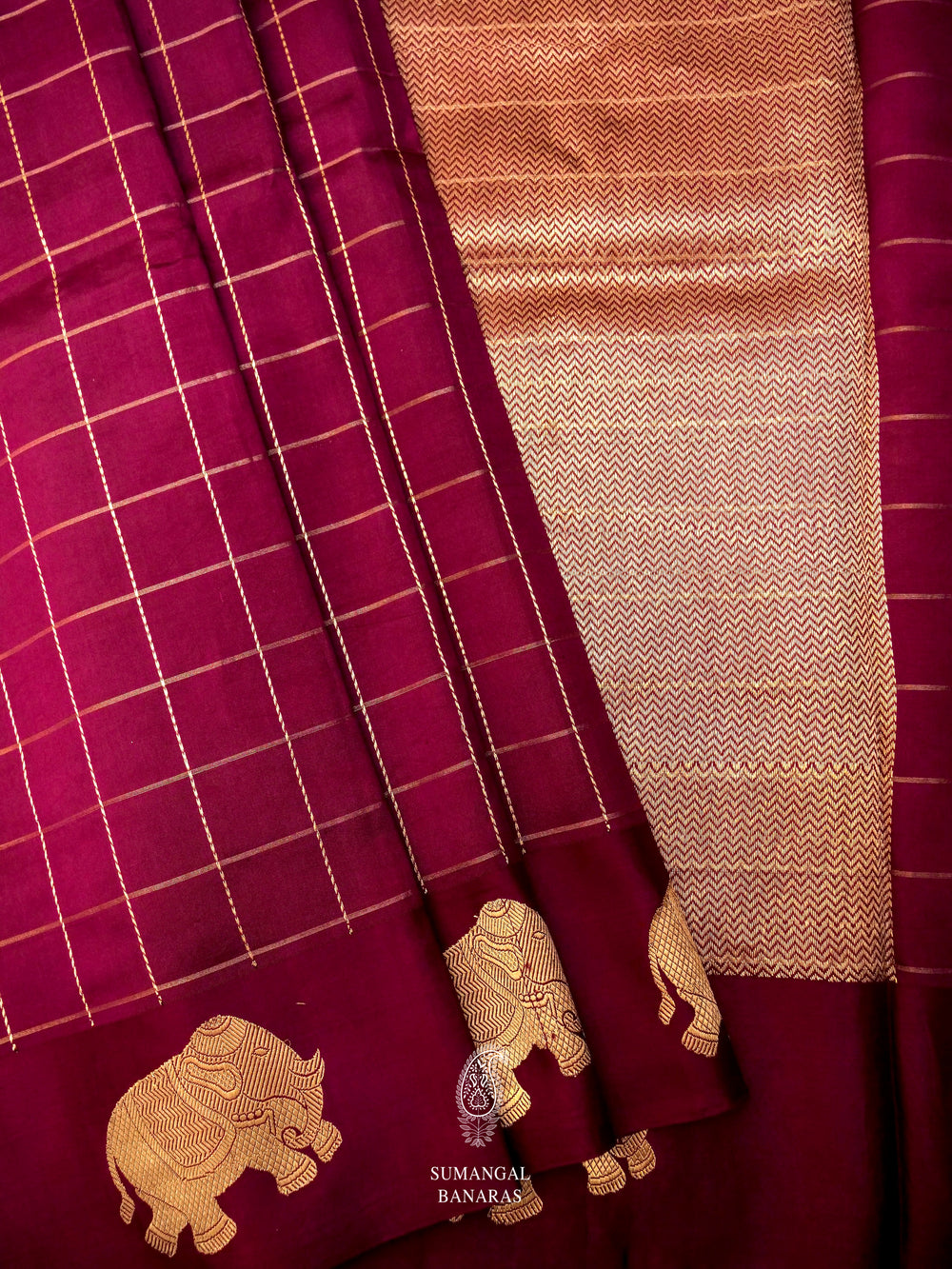 Handloom Banarsi Wine Check Figure Motif Katan Silk Saree