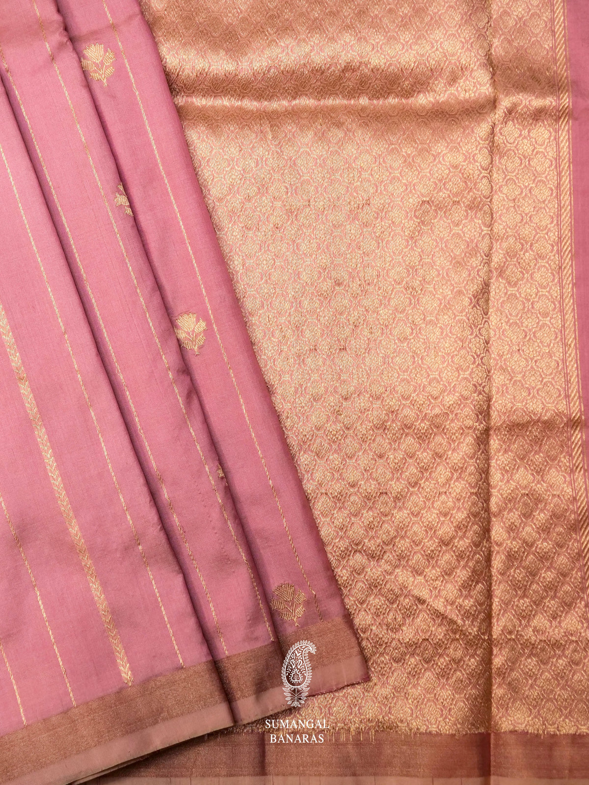 Handwoven Salmon Pink Banarasi Katan Silk Saree