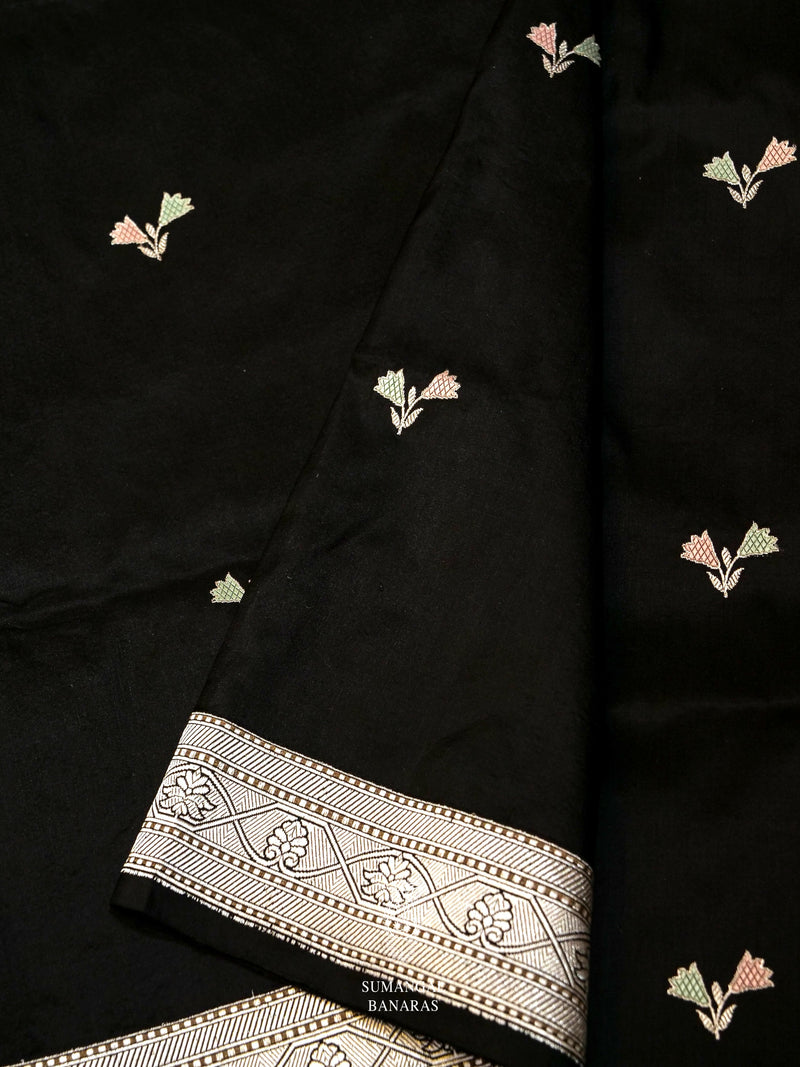 Handwoven Banarsi Pitch Black Pure Katan Silk Saree