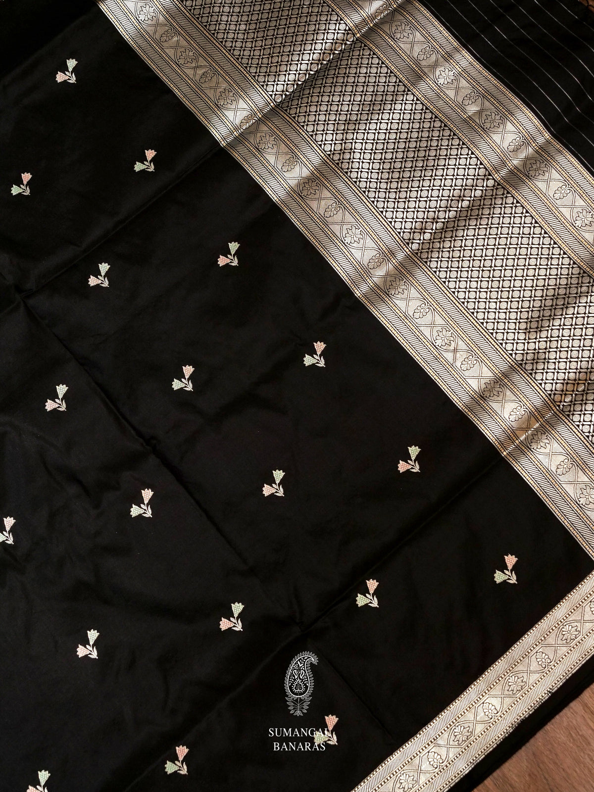 Handwoven Banarsi Pitch Black Pure Katan Silk Saree