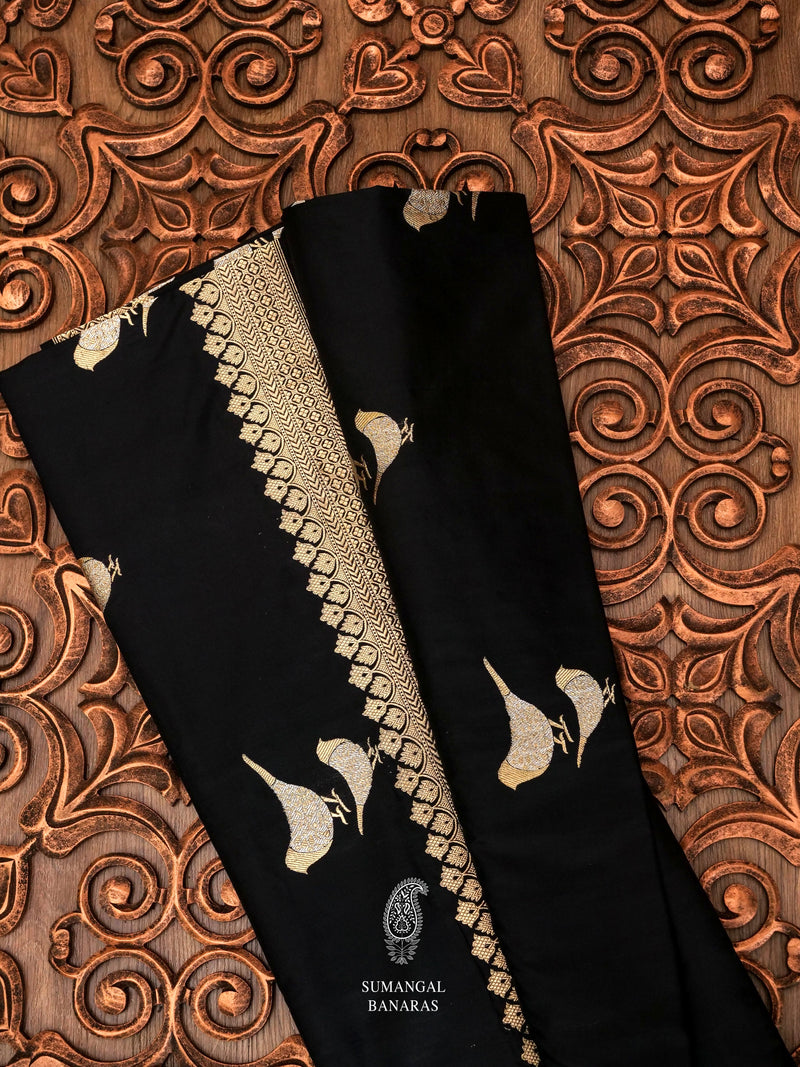 Handwoven Banarsi Jade Black Pure Katan Silk Saree