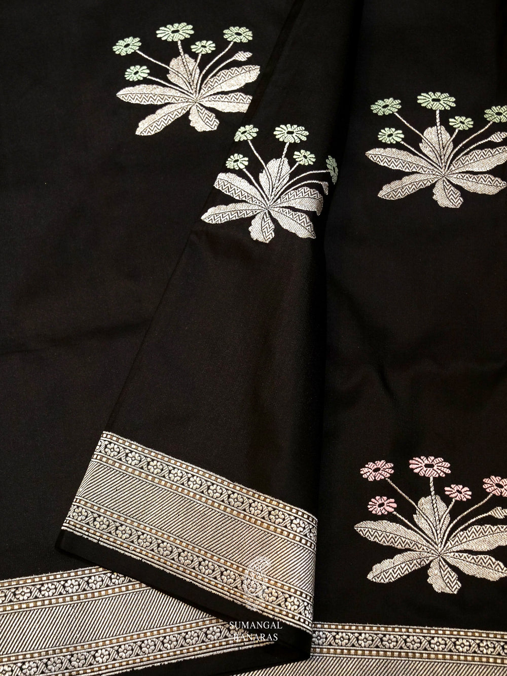 Handwoven Jet Black Banarsi Katan Woven Silk Saree