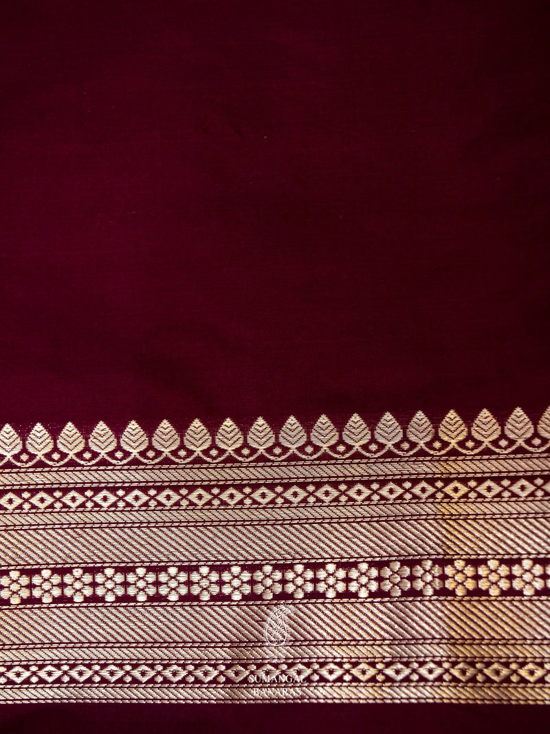 Handwoven Scarlet Wine Banarasi Katan Woven Silk Saree