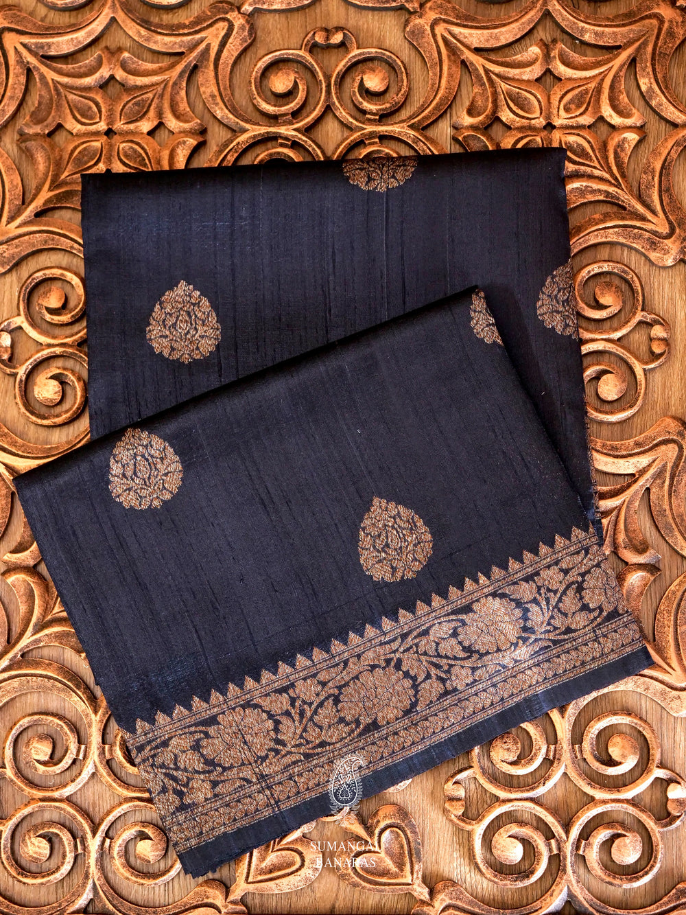 Handwoven Ink Blue Banarasi Tussar Silk Saree