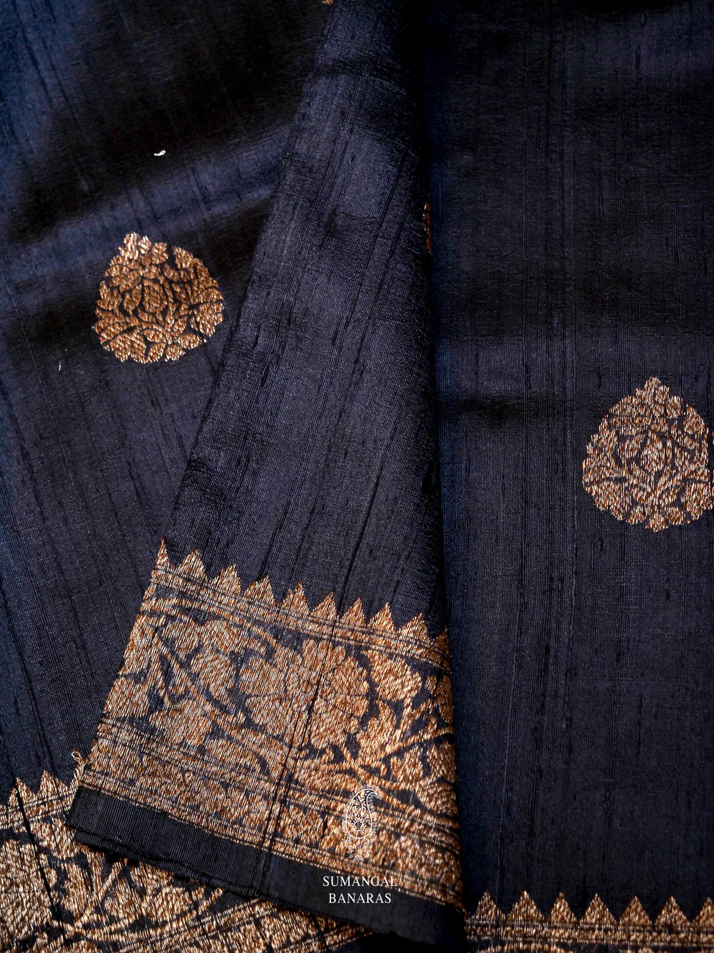 Handwoven Ink Blue Banarasi Tussar Silk Saree