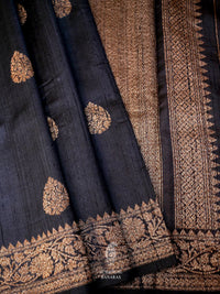 Handwoven Ink Blue Banarasi Tussar Silk Saree