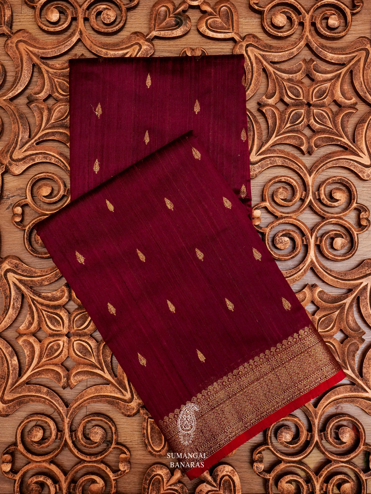 Handwoven Maroon Tussar Silk Saree