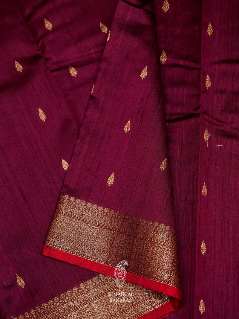 Handwoven Maroon Tussar Silk Saree