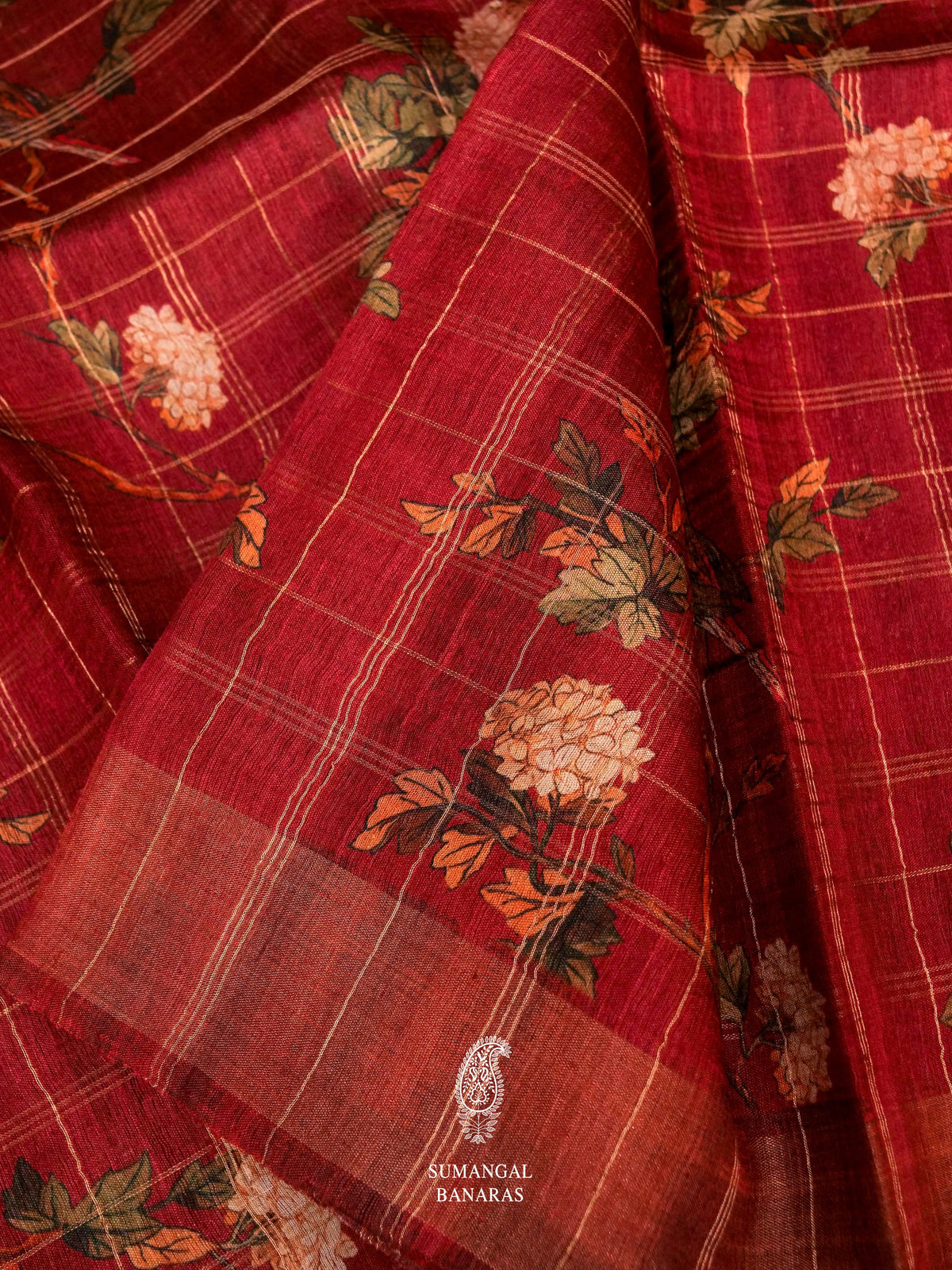 Handwoven Carmine Maroon Tussar Silk Saree