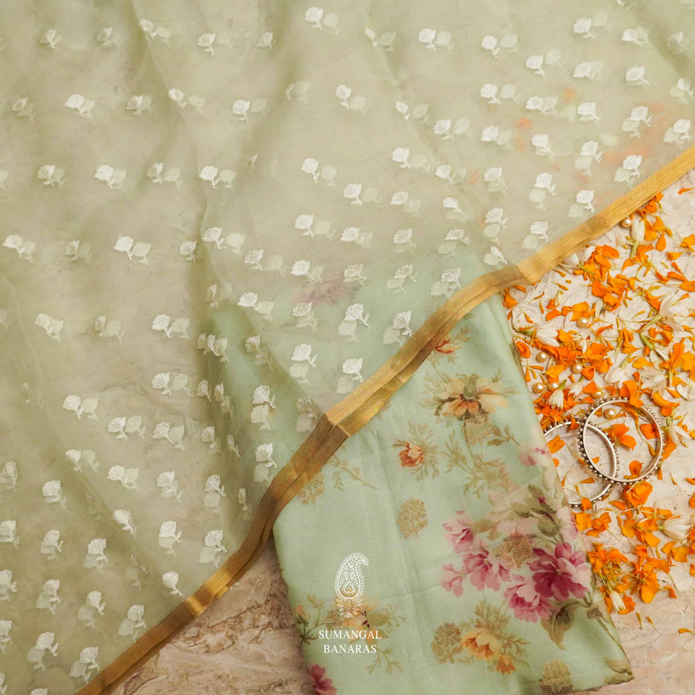 Handwoven Muslin Silk Mint Suit Set