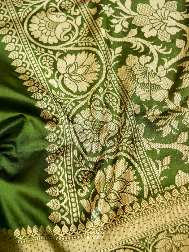 Handwoven Forest Green Banarasi Katan Silk Saree