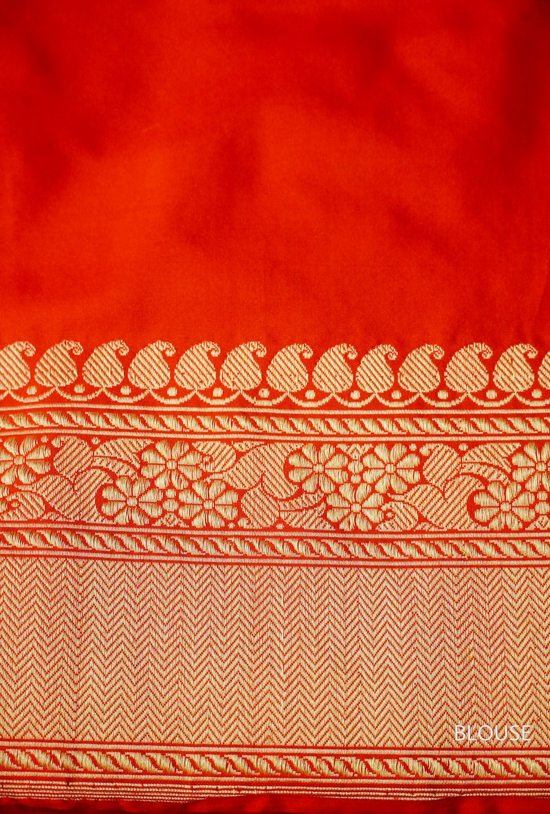 Handwoven Banarsi Scarlet Orange Katan Silk Saree