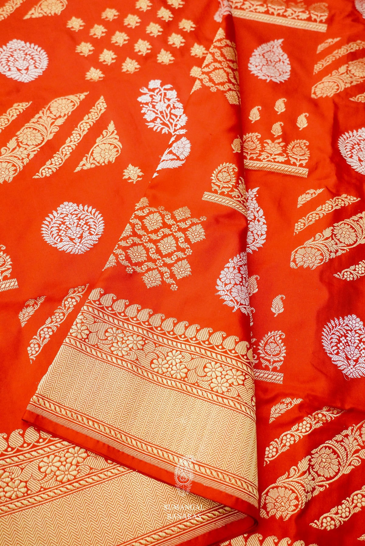 Handwoven Banarsi Scarlet Orange Katan Silk Saree