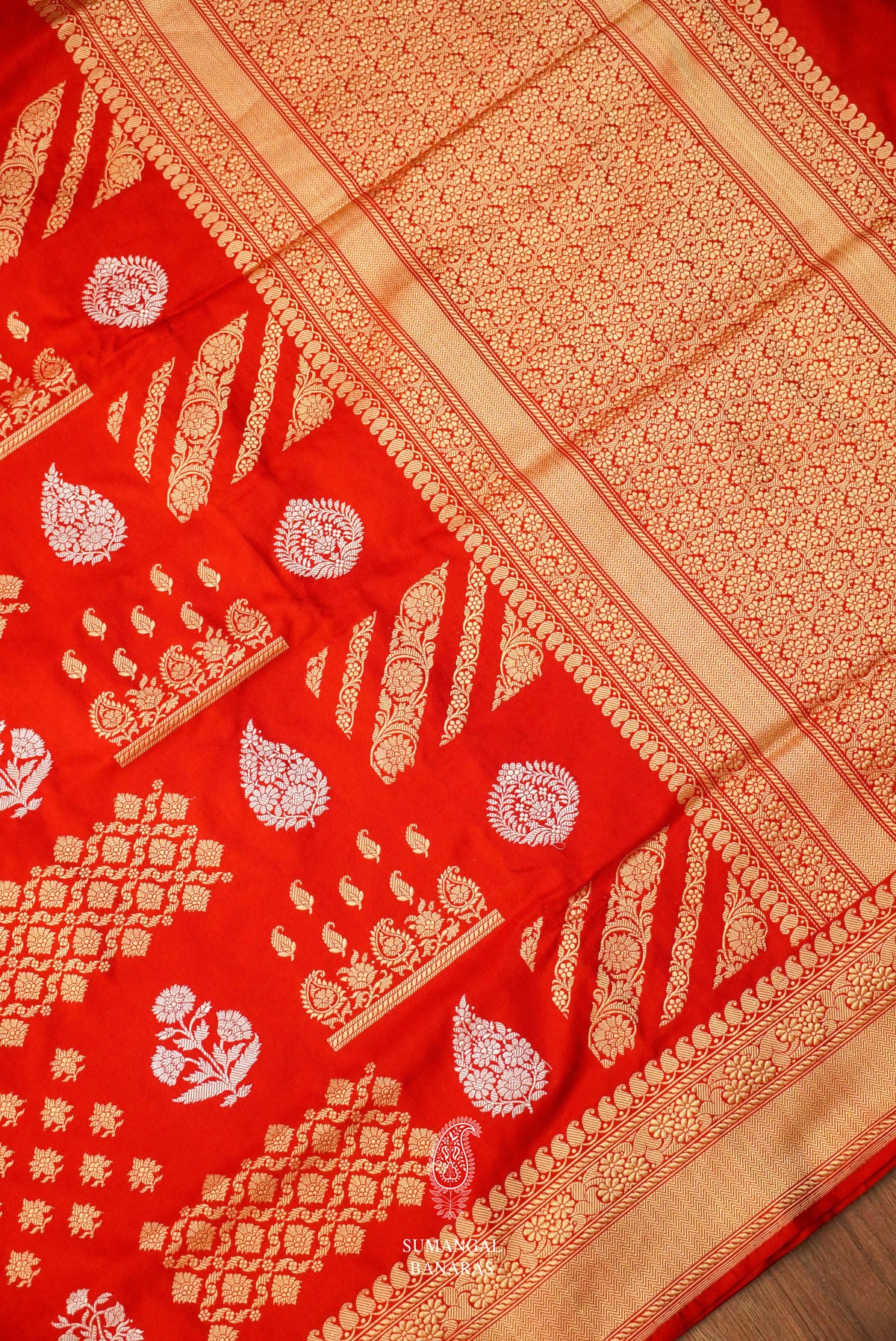 Handwoven Banarsi Scarlet Orange Katan Silk Saree