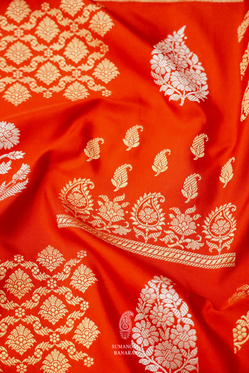 Handwoven Banarsi Scarlet Orange Katan Silk Saree