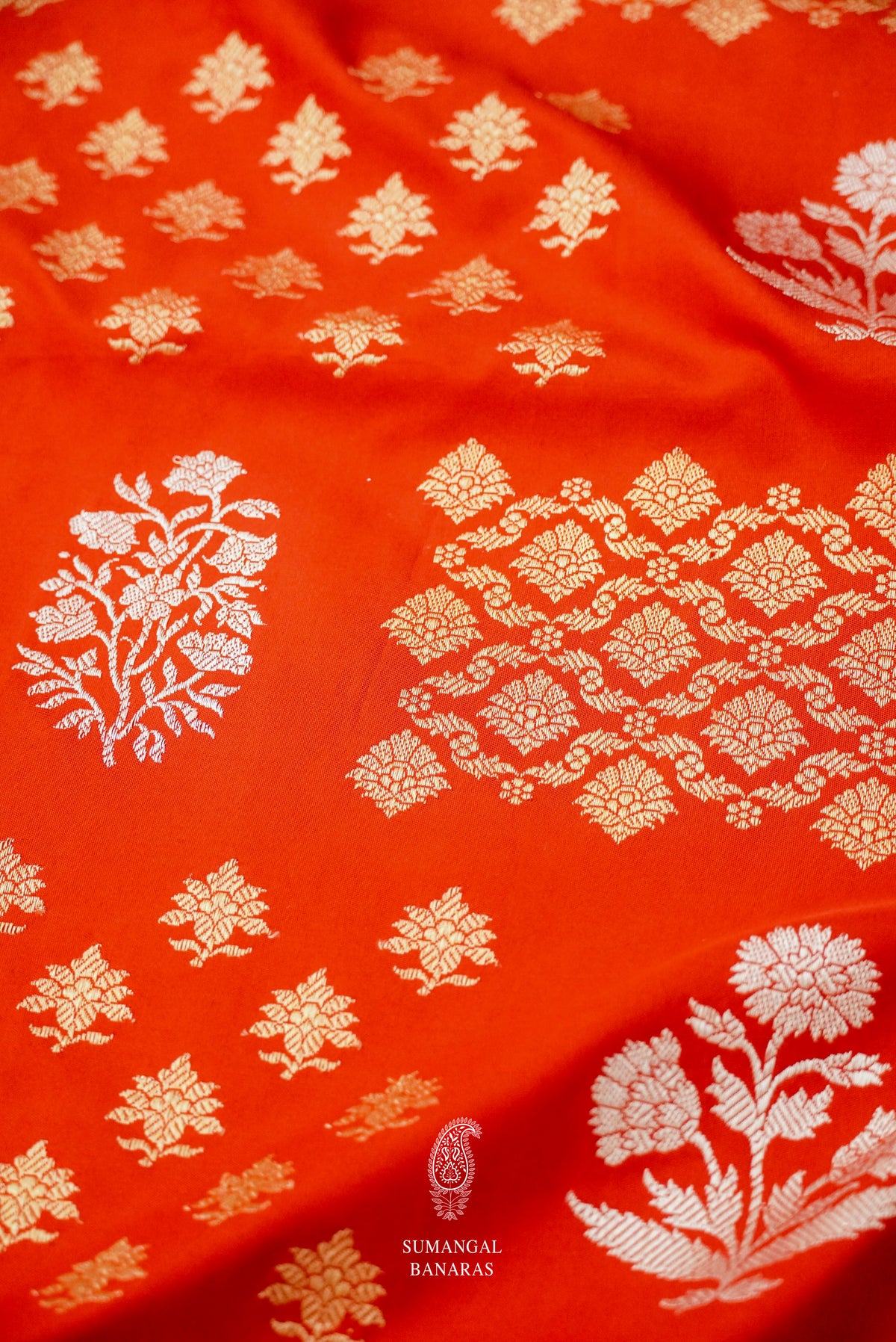 Handwoven Banarsi Scarlet Orange Katan Silk Saree