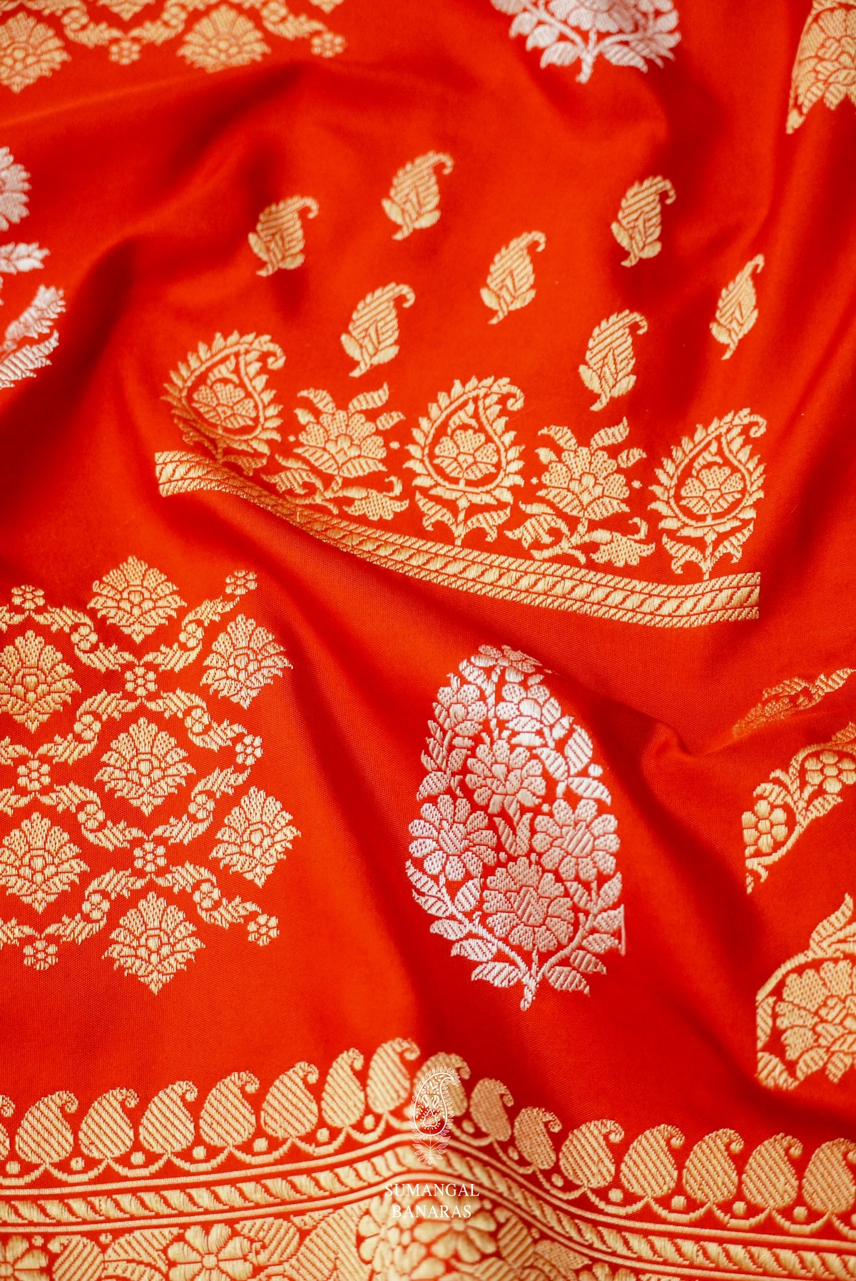 Handwoven Banarsi Scarlet Orange Katan Silk Saree