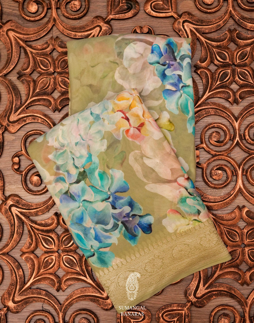 Pista Green Digital Print Georgette Saree
