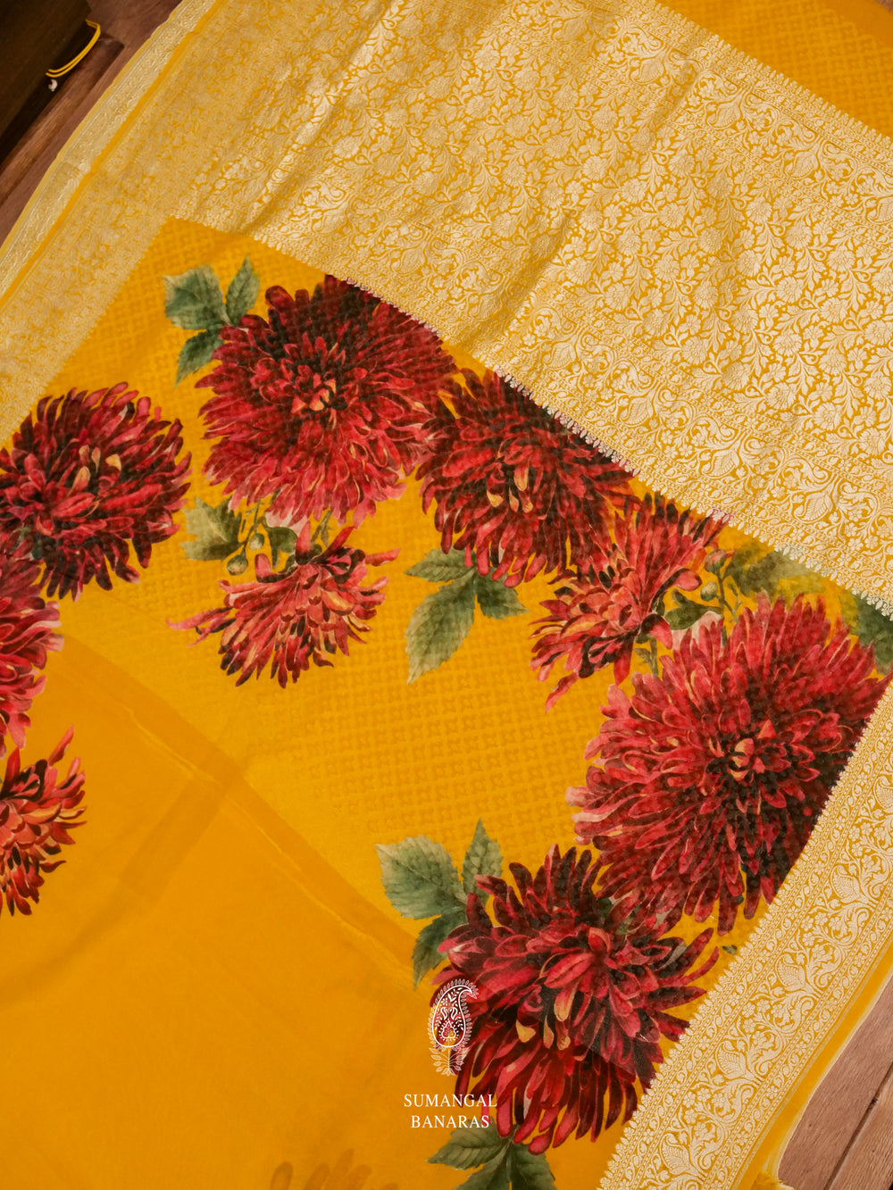 Mustard Yellow Digital Print Georgette Saree