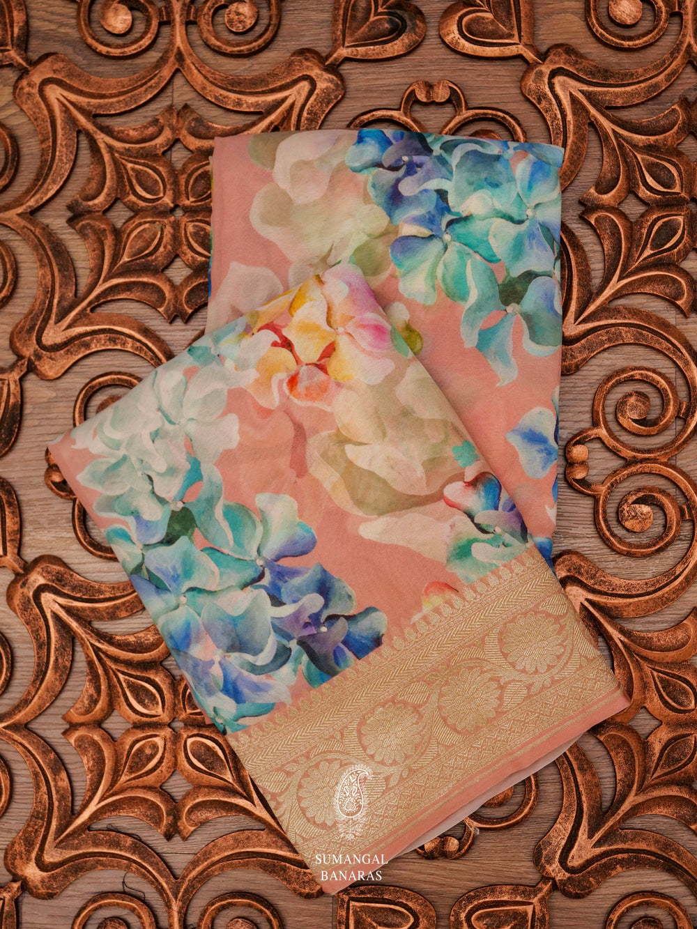 Peach Digital Print Georgette Saree