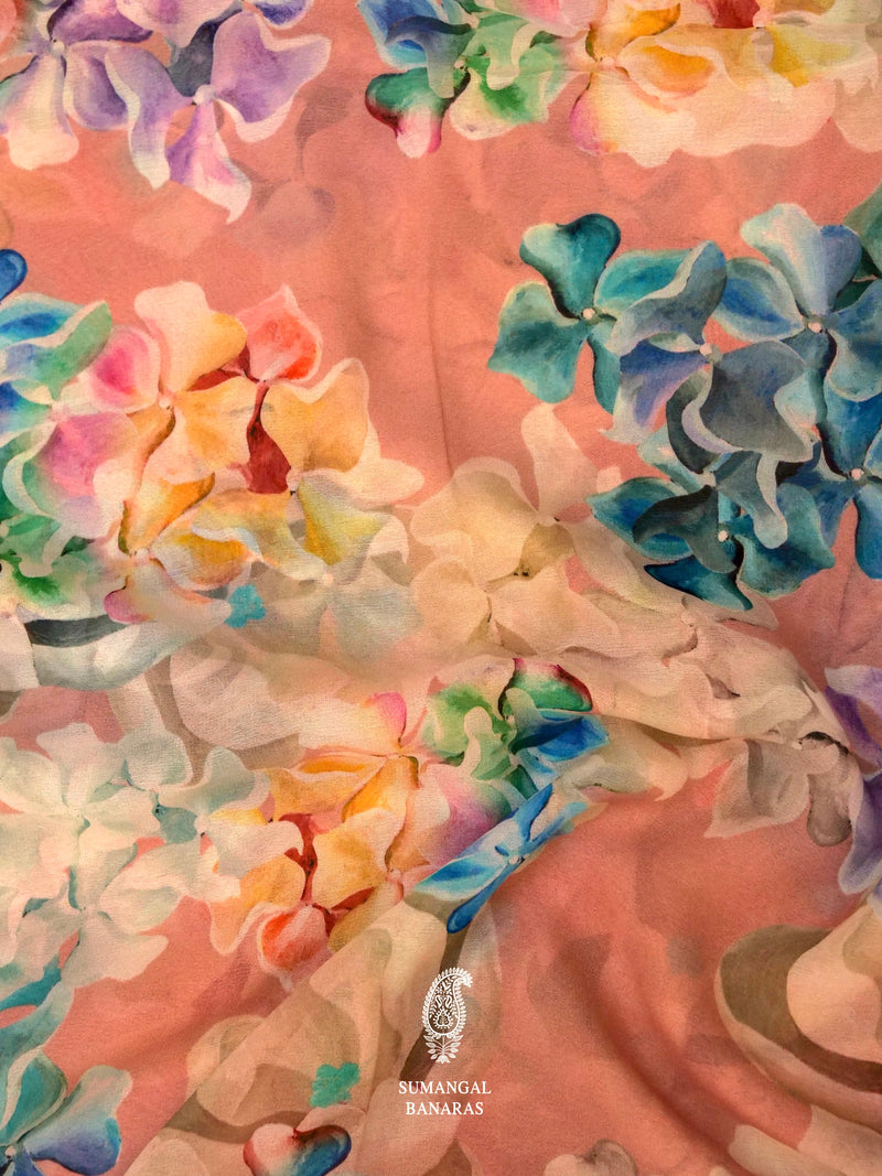 Peach Digital Print Georgette Saree