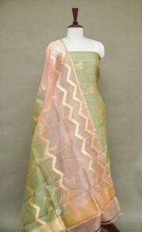 Handwoven Green and Pink Banarsi Tussar Silk Suit Set