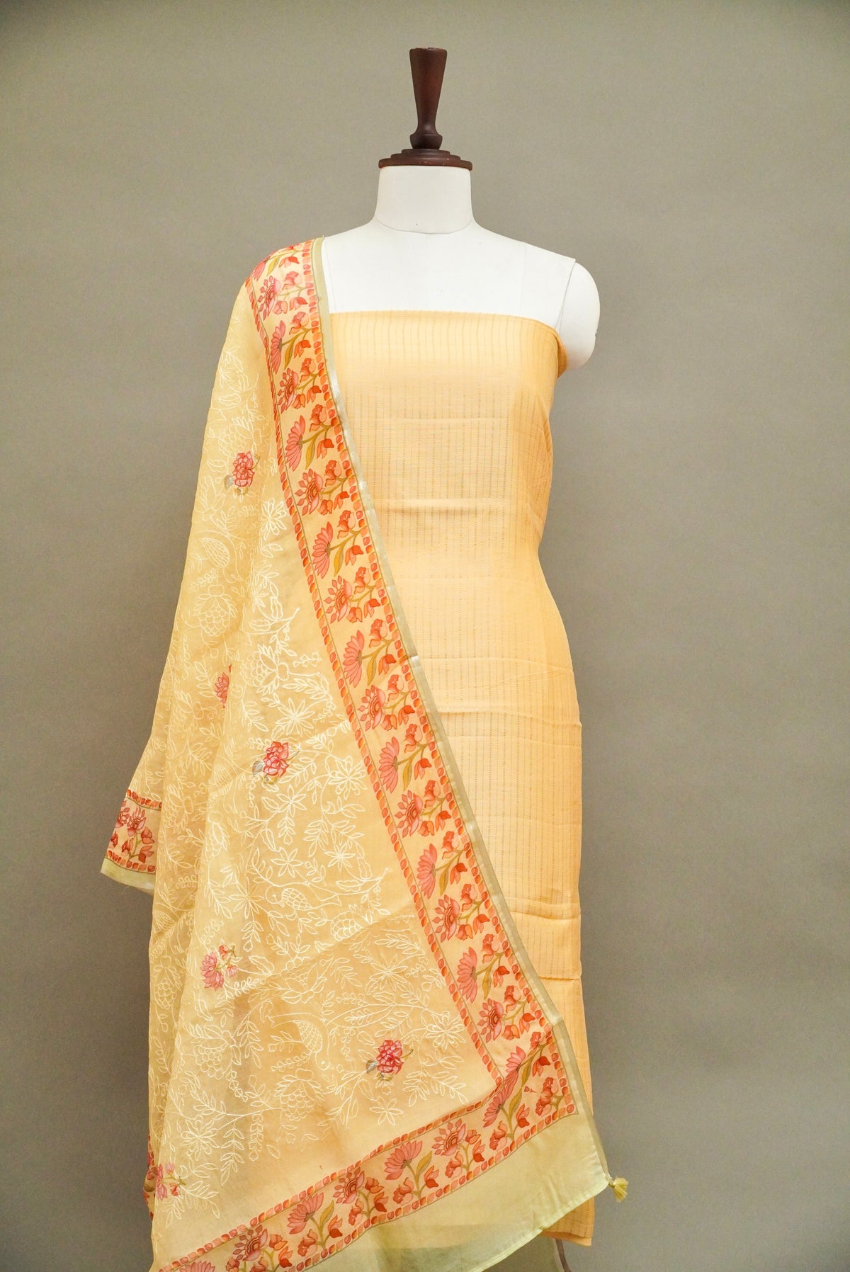 Handwoven Mellow Yellow Banarsi Pure Tussar Munga Suit Set