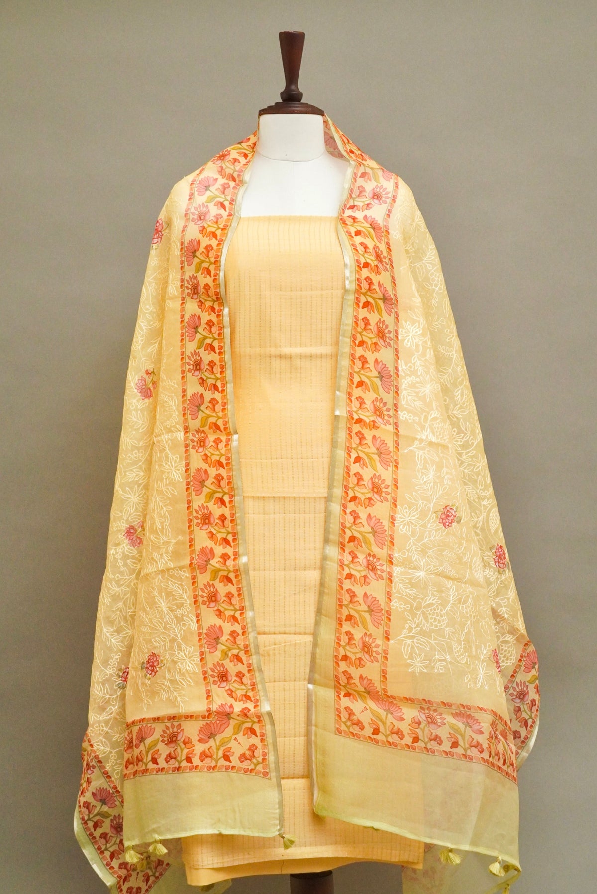 Handwoven Mellow Yellow Banarsi Pure Tussar Munga Suit Set