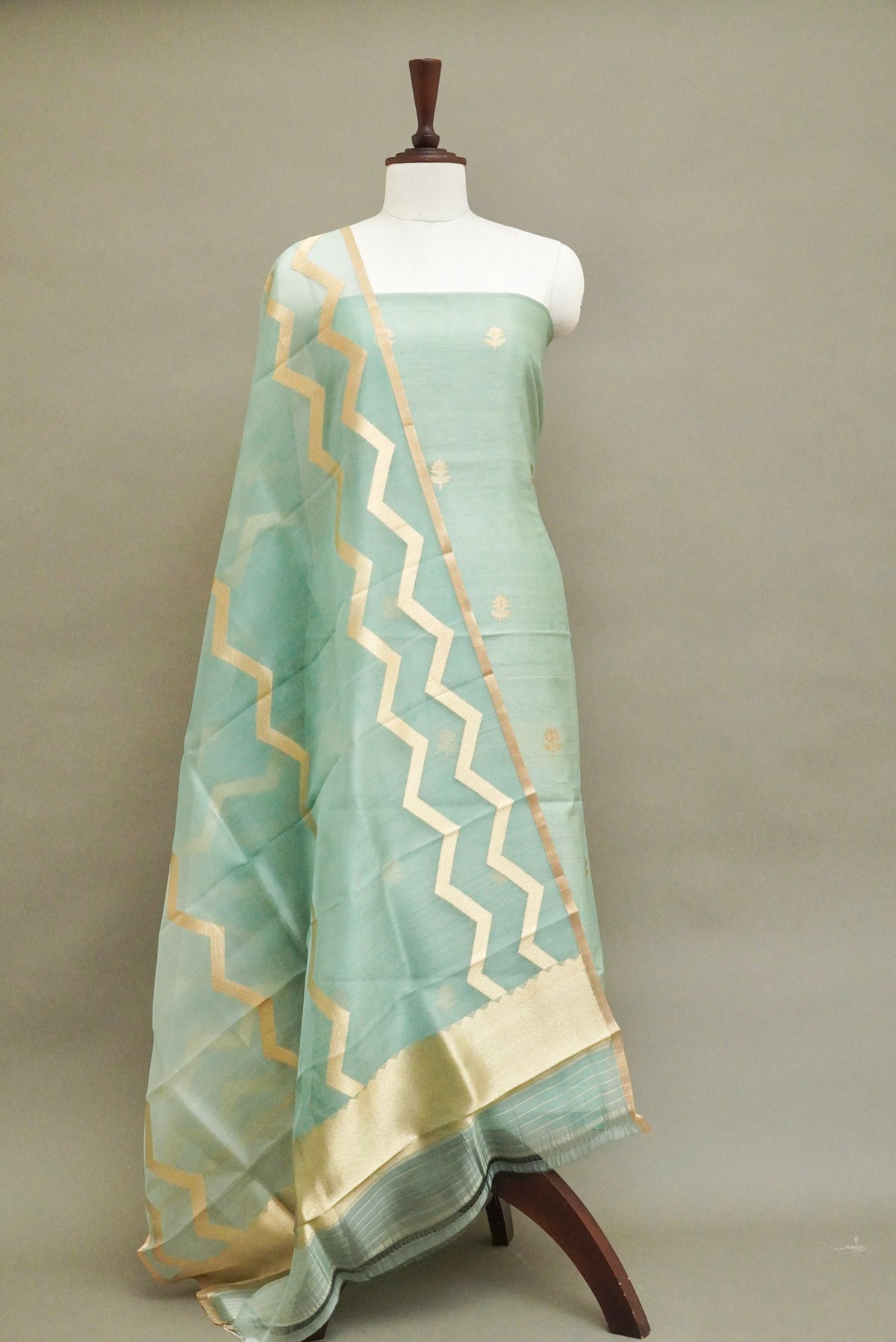 Handwoven Aqua Blue Banarsi Pure Tussar Munga Suit Set