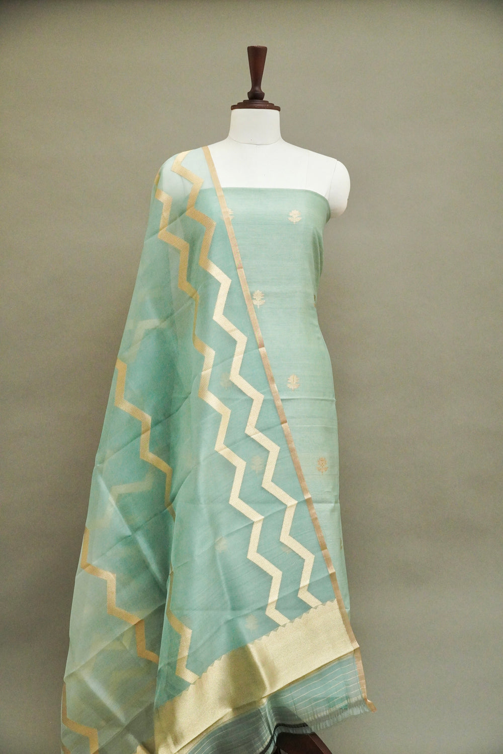 Handwoven Aqua Blue Banarsi Pure Tussar Munga Suit Set