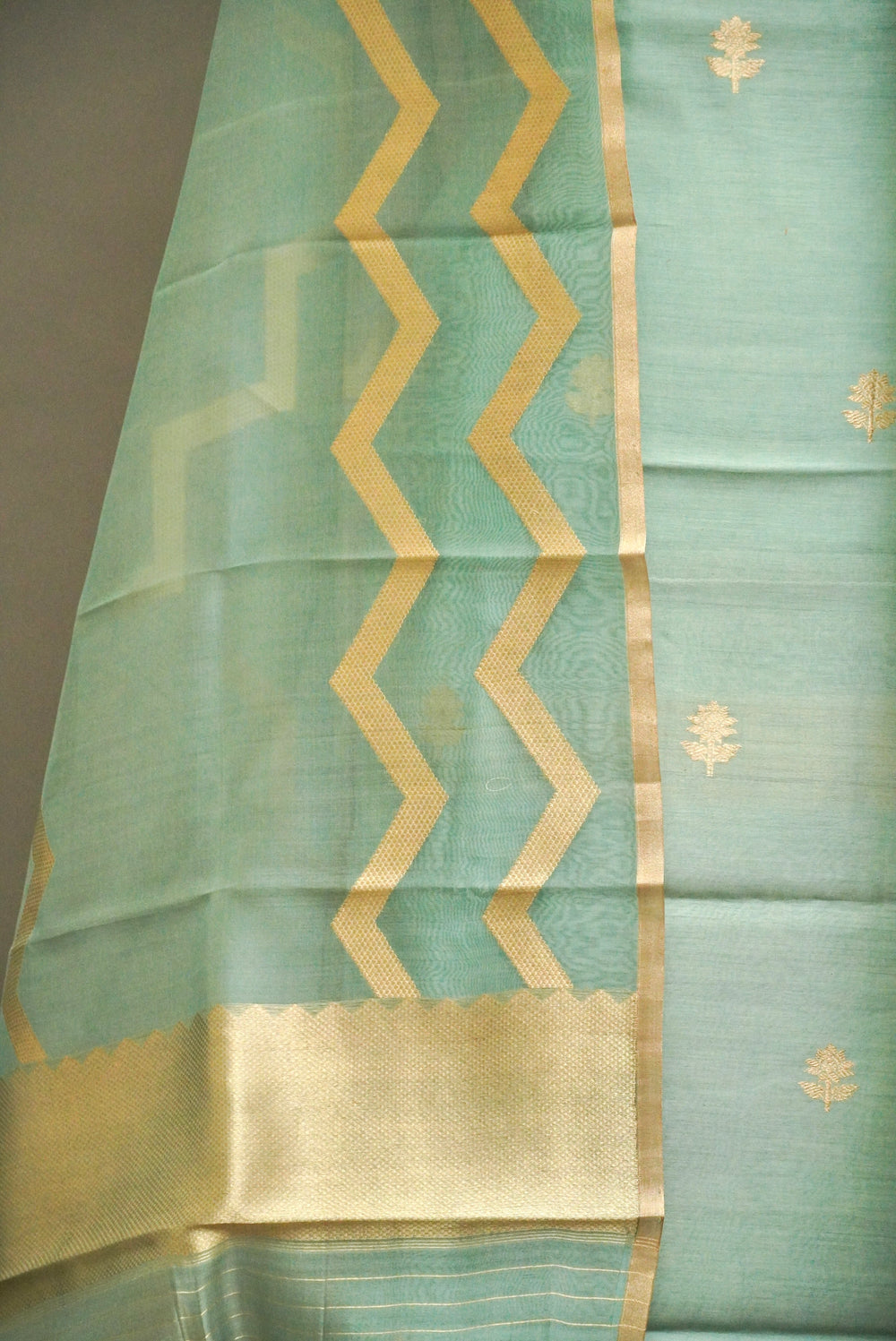 Handwoven Aqua Blue Banarsi Pure Tussar Munga Suit Set