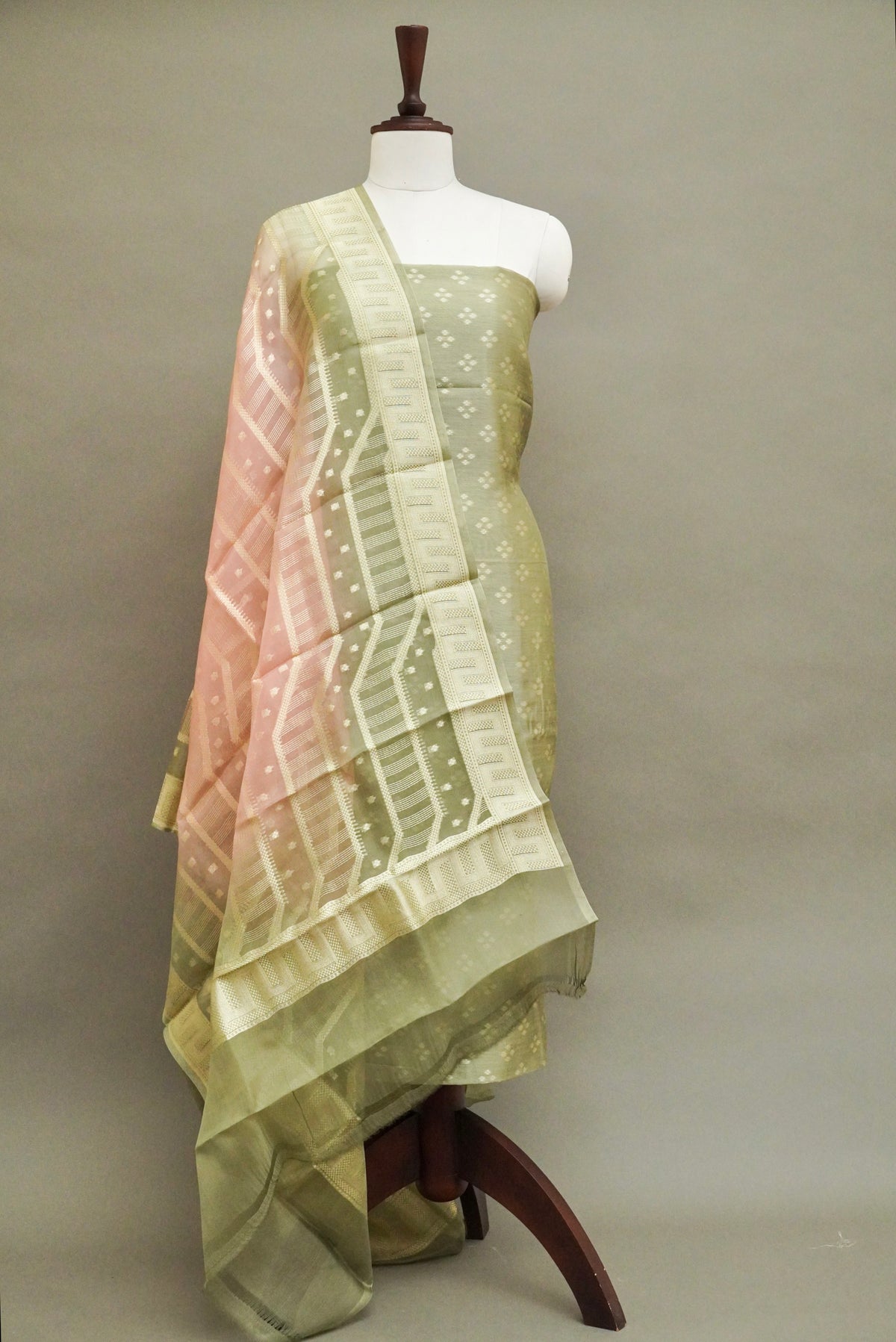 Handwoven Moss Green Banarsi Pure Organza Silk Suit Set