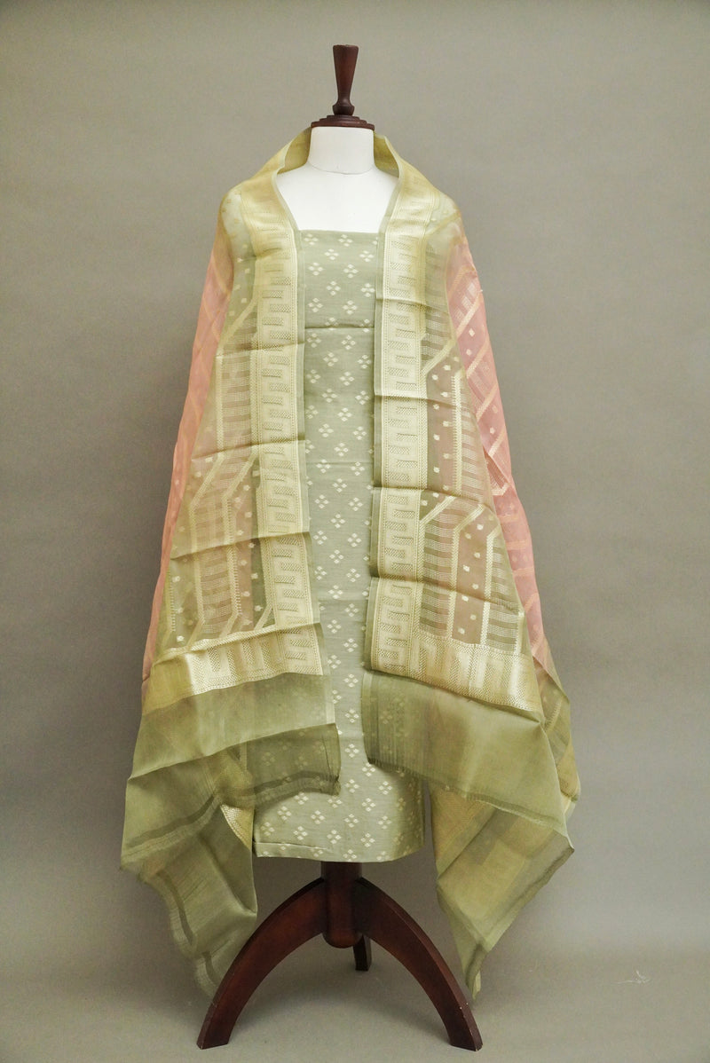Handwoven Moss Green Banarsi Pure Organza Silk Suit Set