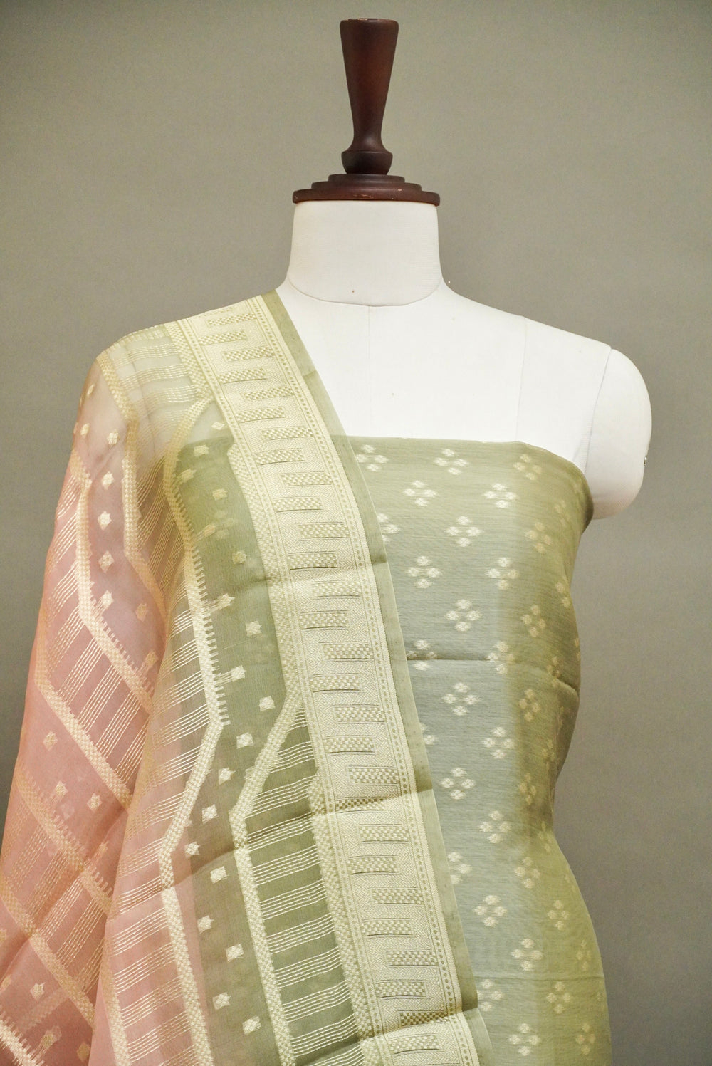 Handwoven Moss Green Banarsi Pure Organza Silk Suit Set