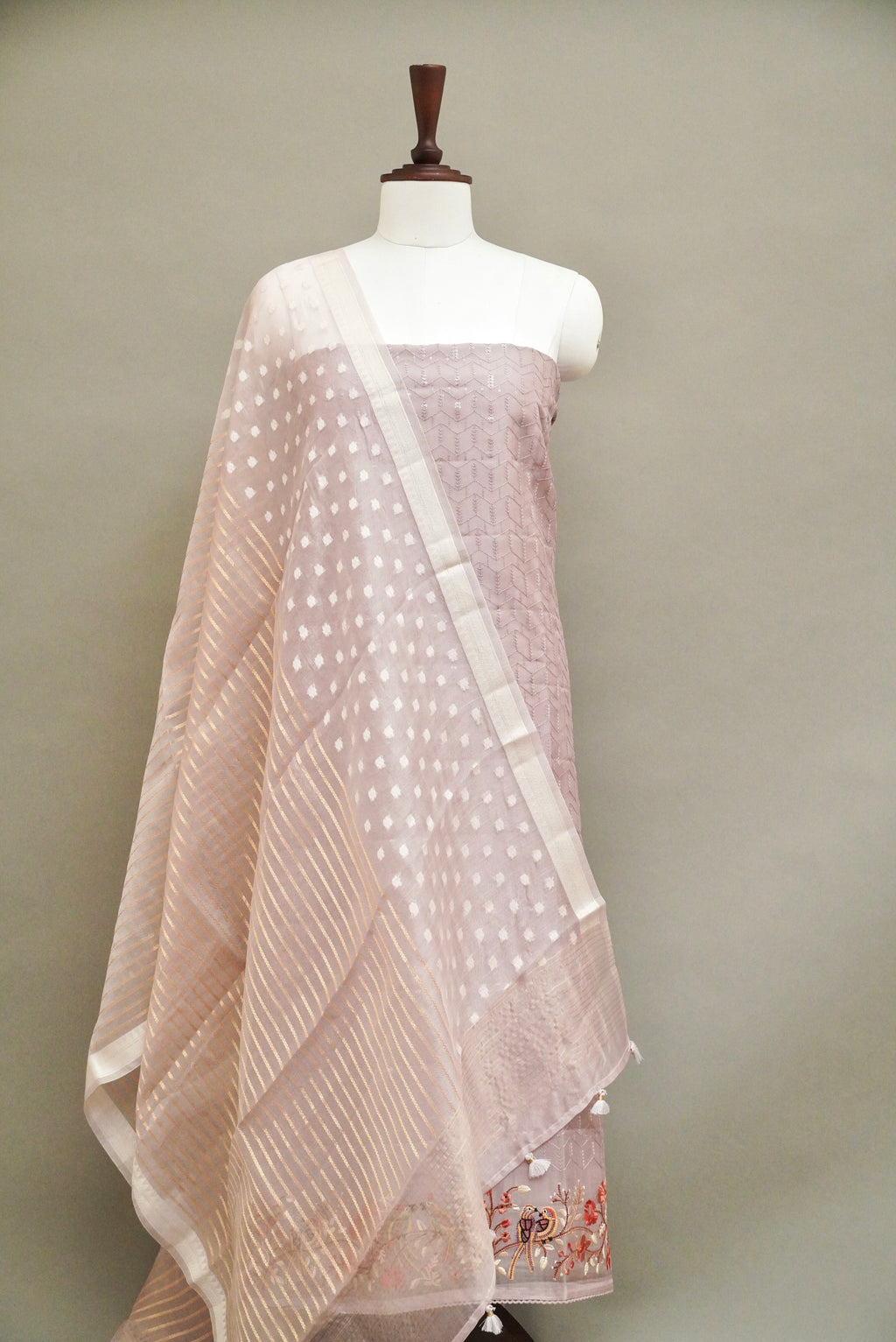 Handwoven Mauve Pink Banarsi Pure Organza Silk Suit Set