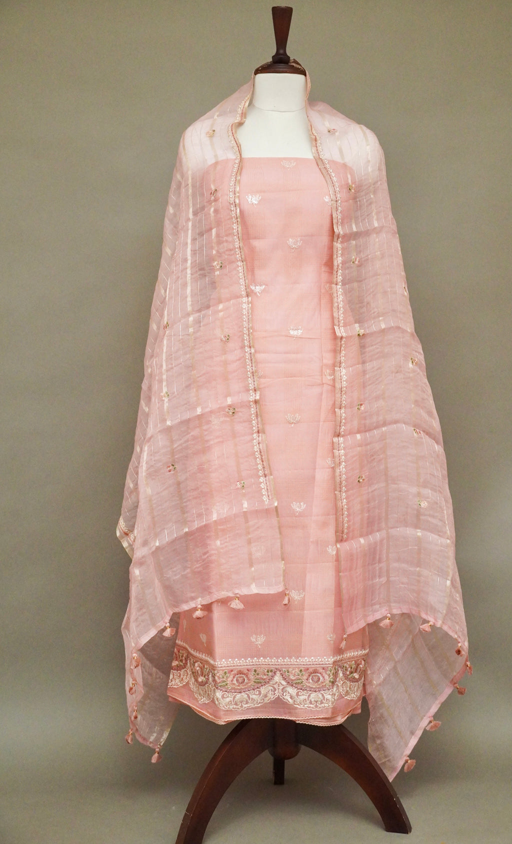 Handwoven Sweet Pink Banarsi Pure Cotton Silk Suit Set