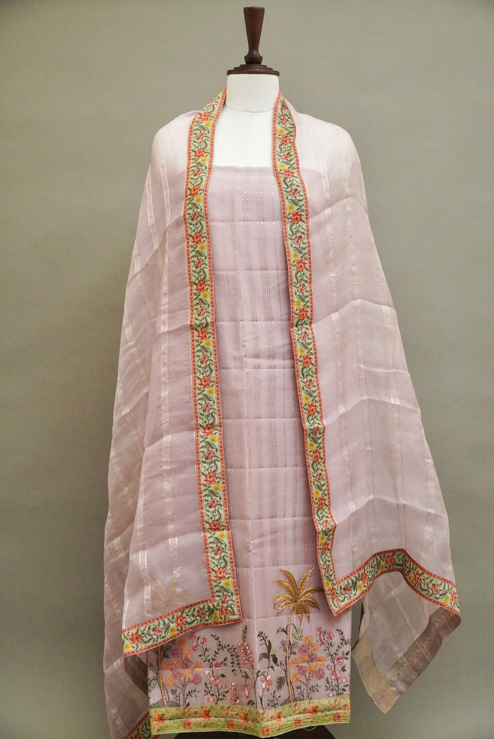 Handwoven Light Mauve Banarsi Pure Organza Silk Suit Set