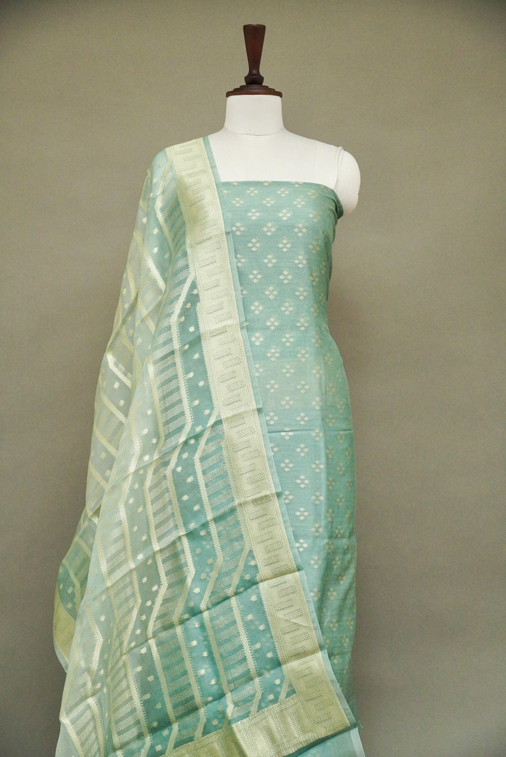 Handwoven Aqua Blue Banarsi Pure Tussar Silk Suit Set