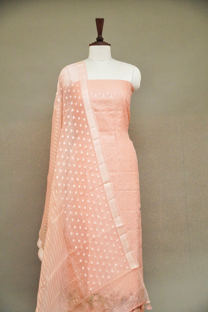 Handwoven Light Pink Banarsi Pure Organza Silk Suit Set