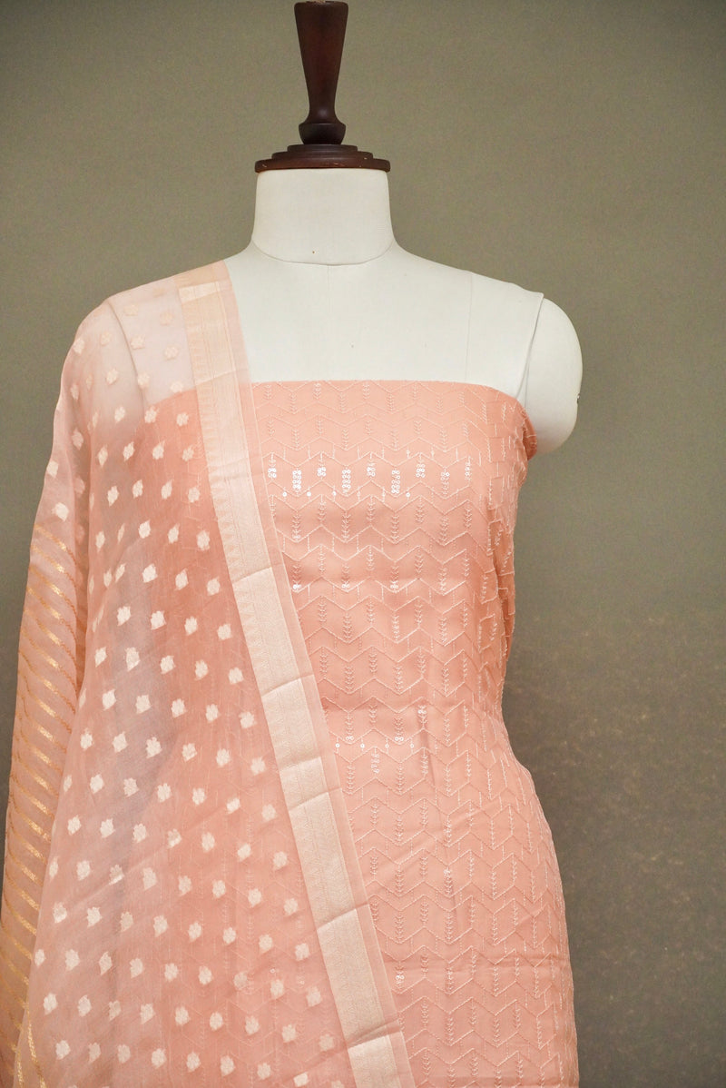 Handwoven Light Pink Banarsi Pure Organza Silk Suit Set