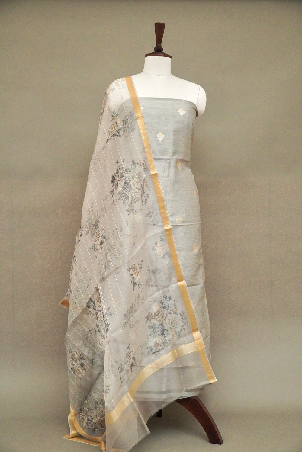 Handwoven Dove Grey Banarsi Pure Tussar Silk Suit Set