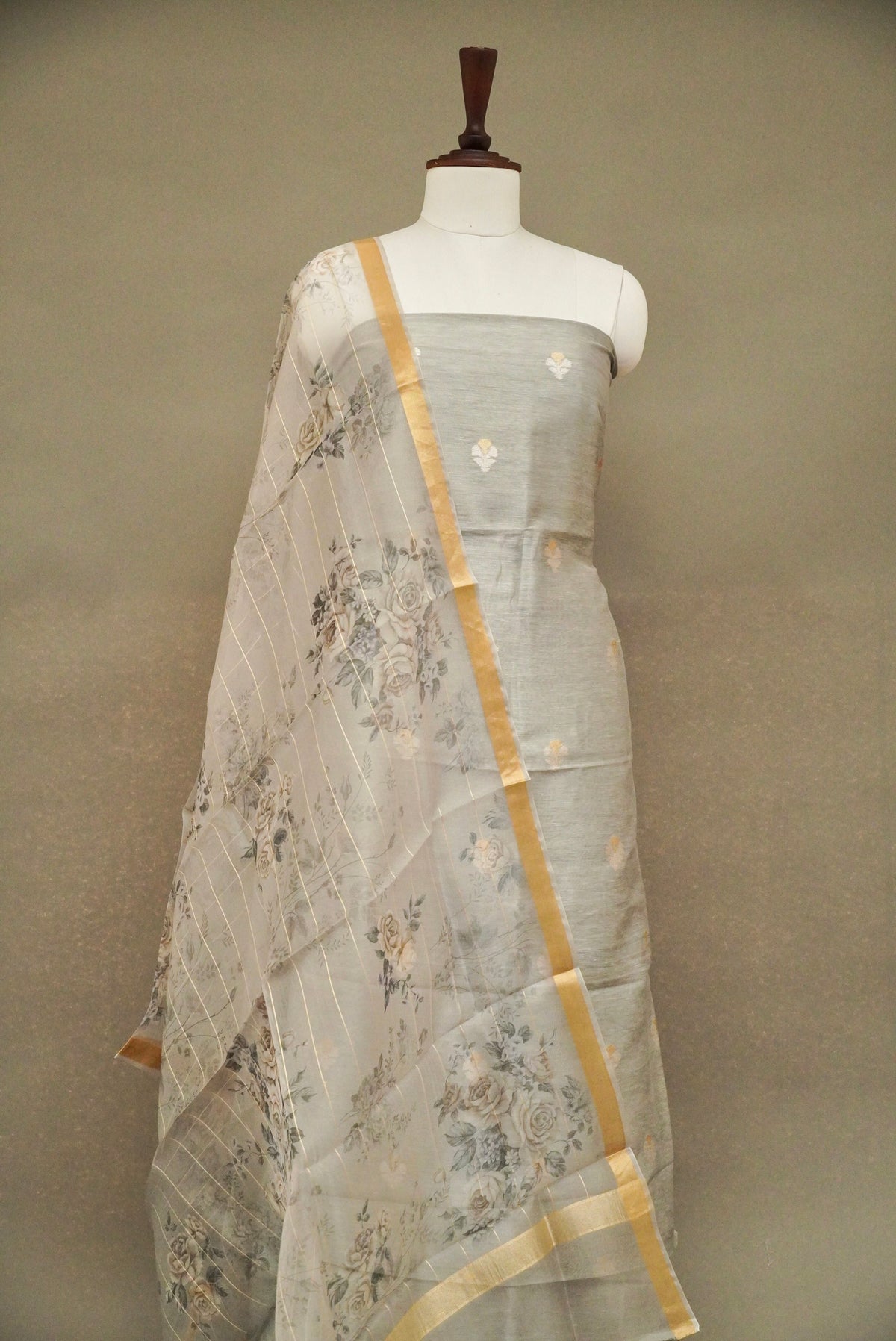 Handwoven Dove Grey Banarsi Pure Tussar Silk Suit Set