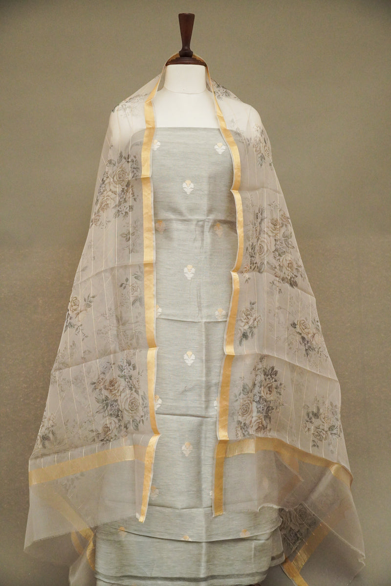 Handwoven Dove Grey Banarsi Pure Tussar Silk Suit Set
