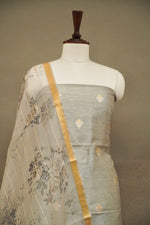 Handwoven Dove Grey Banarsi Pure Tussar Silk Suit Set