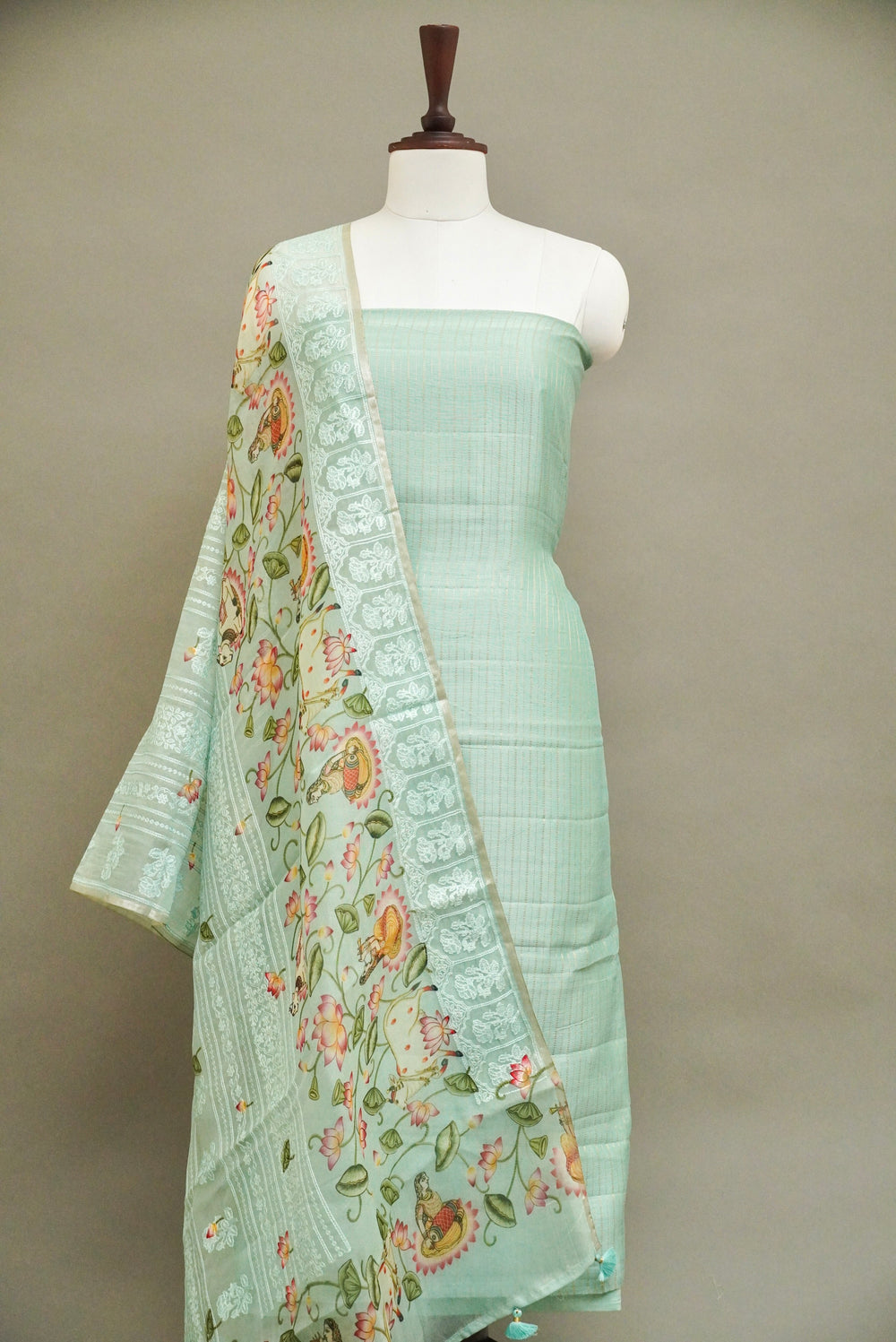 Handwoven Powder Blue Banarsi Pure Tussar Munga Suit Set