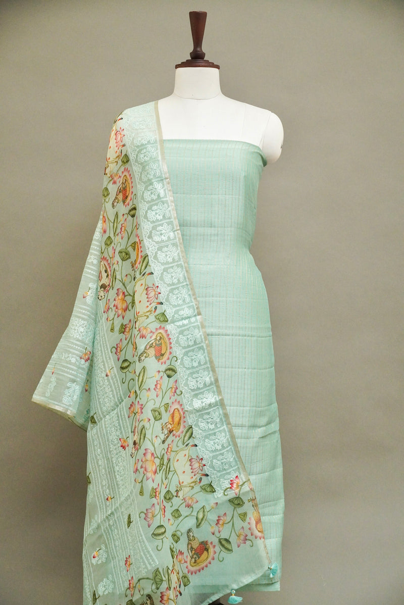 Handwoven Powder Blue Banarsi Pure Tussar Munga Suit Set