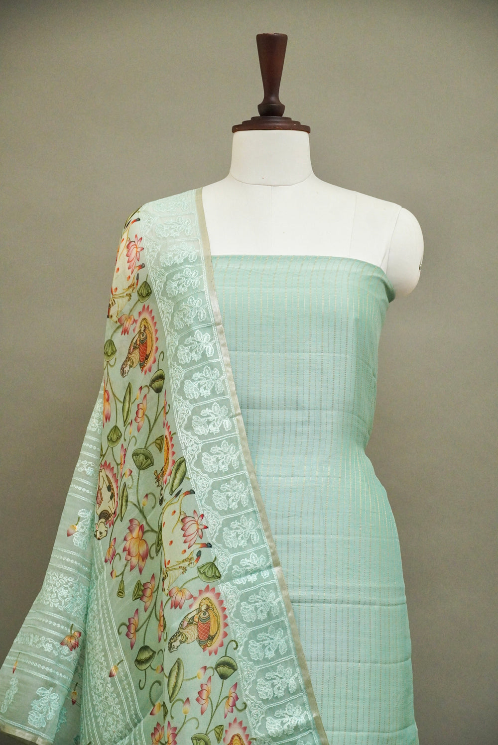 Handwoven Powder Blue Banarsi Pure Tussar Munga Suit Set