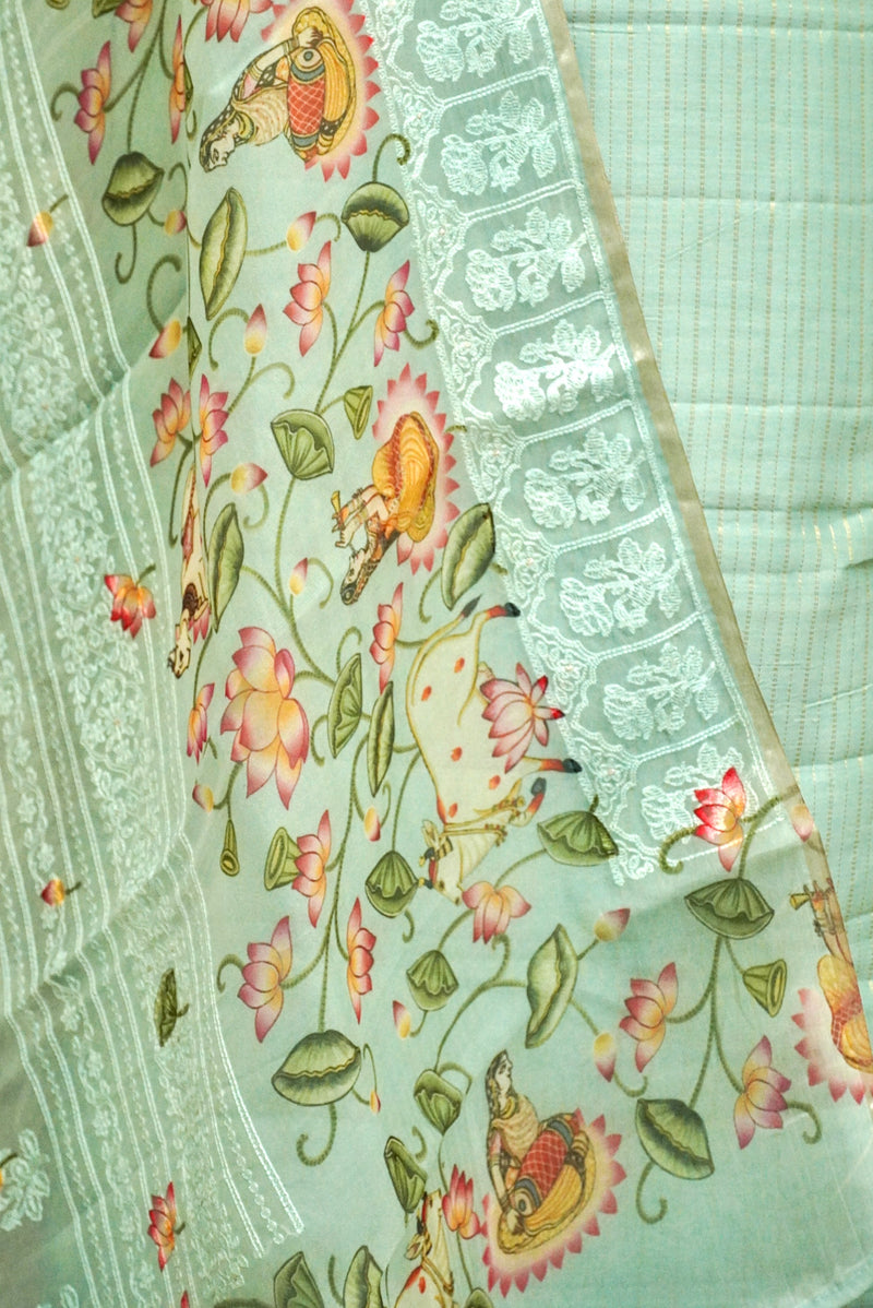 Handwoven Powder Blue Banarsi Pure Tussar Munga Suit Set