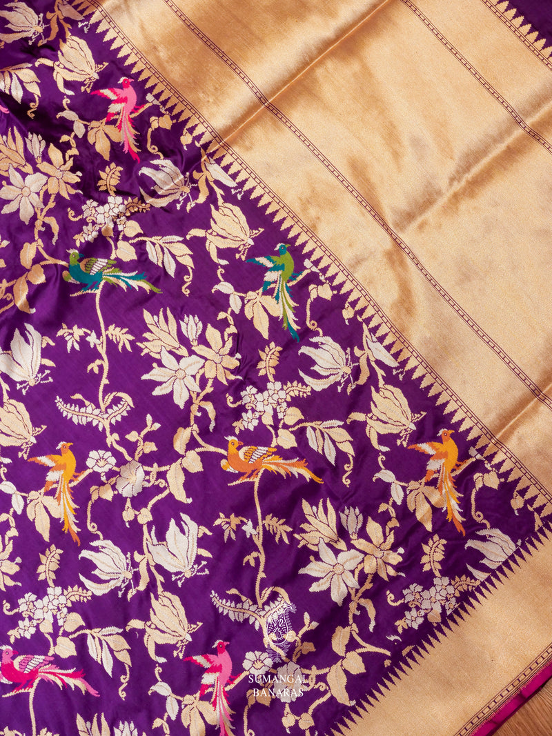 Handwoven Dark Purple Katan Silk Meenakari Jaal Saree