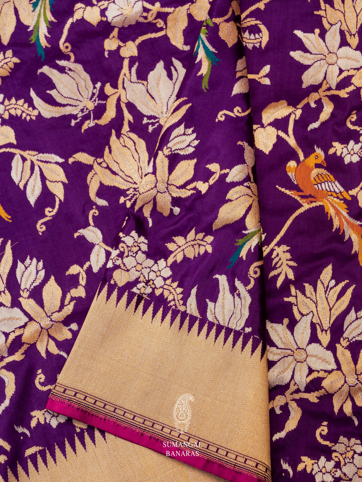 Handwoven Dark Purple Katan Silk Meenakari Jaal Saree